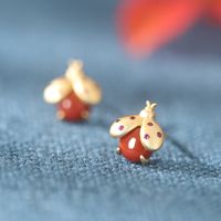 S925 Sterling Silver Gold-plated Inlaid Red Agate Worm Earrings main image 4