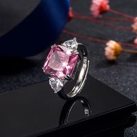 Fashion Heart-shaped Four-claw Square Zircon Pink Diamond Copper Ring main image 2