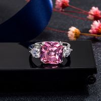 Fashion Heart-shaped Four-claw Square Zircon Pink Diamond Copper Ring main image 3