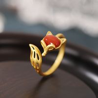 Simple Little Fox Shape 925 Sterling Silver Frosted Inlaid Jade Ring sku image 2