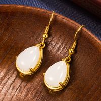 Retro Inlaid Water Drop Shaped Imatation Jade Copper Ear Hook Earrings Wholesale main image 5