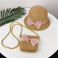Summer Children's Straw Bag Bow Hat Set Sun Hat Basin Hat Messenger Bag main image 4