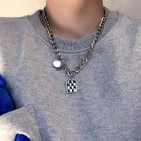 Square Black And White Checkerboard Pendant Alloy Necklace Fashion main image 2