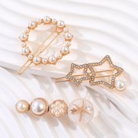 3-teiliges Mode-damen-gold-klassik-perlen-strass-stern-haarspangen-set main image 1