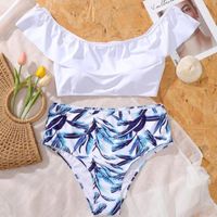 New Bikini Print One-shoulder Lotus Leaf Cover Belly Plus Size Swimsuit sku image 1