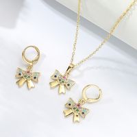 Fashion Stainless Steel Colorful Zircon Electroplating 18k Gold Heart-shaped Bow Necklace Earrings Set sku image 1