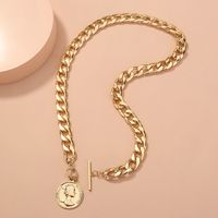 Fashion Thick Chain Exaggerated Round Portrait Tag T-buckle Alloy Necklace main image 3
