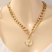 Fashion Thick Chain Exaggerated Round Portrait Tag T-buckle Alloy Necklace main image 6