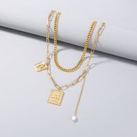 Fashion Natural Beads Square Portrait Pendent Multi-layer Alloy Necklace main image 1