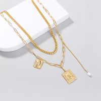Fashion Natural Beads Square Portrait Pendent Multi-layer Alloy Necklace main image 3