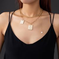 Fashion Natural Beads Square Portrait Pendent Multi-layer Alloy Necklace main image 4