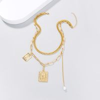 Fashion Natural Beads Square Portrait Pendent Multi-layer Alloy Necklace main image 5