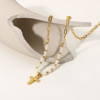 18k Gold Cross Pendant Natural Freshwater Pearl Beads Stitching Stainless Steel Necklace main image 3