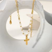 18k Gold Cross Pendant Natural Freshwater Pearl Beads Stitching Stainless Steel Necklace main image 4