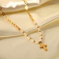 18k Gold Cross Pendant Natural Freshwater Pearl Beads Stitching Stainless Steel Necklace main image 5