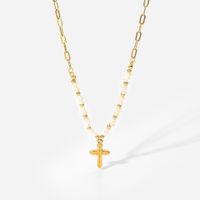 18k Gold Cross Pendant Natural Freshwater Pearl Beads Stitching Stainless Steel Necklace main image 6