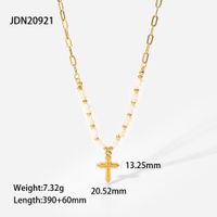 18k Gold Cross Pendant Natural Freshwater Pearl Beads Stitching Stainless Steel Necklace sku image 1