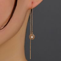 A Pair Of New Rose Flower Copper Zircon Tassel Pierced Earrings sku image 1