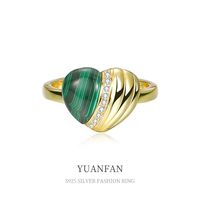 Mode S925 Argent Géométrique Coeur Malachite Ouverture Réglable Bague main image 1