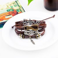 Korean New Letter Believe Feather Hook Beaded Woven Leather Bracelet main image 5