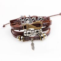 Korean New Letter Believe Feather Hook Beaded Woven Leather Bracelet main image 6