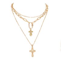 Hipsters Retro Double Cross Pendant Lattice Buckle Multi-layered Alloy Necklace main image 6