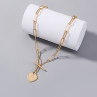 Jewelry Heart-shaped Portrait Embossed Tag Lattice T-shaped Buckle Alloy Necklace main image 3