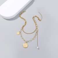 Simple Retro Coin Sweater Multi-layer Pearl Stacking Alloy Necklace main image 3