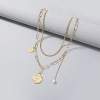 Simple Retro Coin Sweater Multi-layer Pearl Stacking Alloy Necklace main image 5