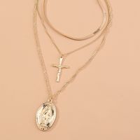 Stacked Cross Round Card Sun Goddess Lucky Multi-layer Alloy Necklace main image 3