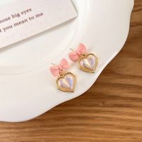 Korean Cherry Blossom Powder Bow Pearl Heart Earrings main image 3