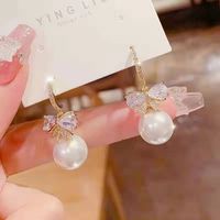 Korean Fashion Alloy Micro-set Zircon Peach Heart Bow Pearl Earrings Female main image 4