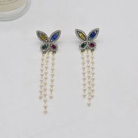 Fashion Diamond Butterfly Long Tassel Pearl Alloy Drop Earrings sku image 1
