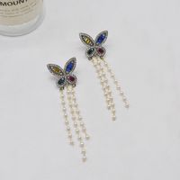 Fashion Diamond Butterfly Long Tassel Pearl Alloy Drop Earrings main image 1