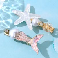 New Pink Gradient Mermaid Tail White Star Pearl Hair Clip 2 Piece Set main image 1