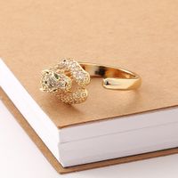 New Hip-hop Copper Inlaid Zircon Leopard Head Open Tail Ring main image 4
