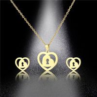 Nouveau 18k Or Acier Inoxydable En Forme De Coeur Serrure De Sécurité En Forme De Coeur Collier Boucles D&#39;oreilles Ensemble main image 4