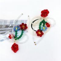 Fashion Red Flower Beaded New Crystal Bow Earrings Female main image 3