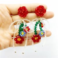 Fashion Red Flower Beaded New Crystal Bow Earrings Female main image 4