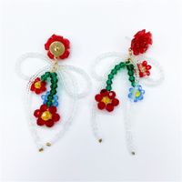 Fashion Red Flower Beaded New Crystal Bow Earrings Female main image 5