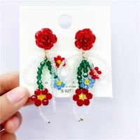 Fashion Red Flower Beaded New Crystal Bow Earrings Female main image 6