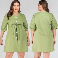 Plus Size Women's V-neck Retro Single-breasted Slim Solid Color Mid-sleeve Dress main image 2