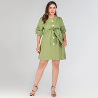 Plus Size Women's V-neck Retro Single-breasted Slim Solid Color Mid-sleeve Dress main image 3