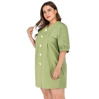 Plus Size Women's V-neck Retro Single-breasted Slim Solid Color Mid-sleeve Dress main image 4