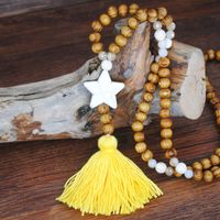 Retro Turquoise Pendant Wood Bead Bohemian Color Tassel Long Necklace sku image 6