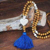 Retro Turquoise Pendant Wood Bead Bohemian Color Tassel Long Necklace sku image 7