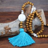 Retro Turquoise Pendant Wood Bead Bohemian Color Tassel Long Necklace sku image 8