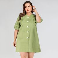 Plus Size Women's V-neck Retro Single-breasted Slim Solid Color Mid-sleeve Dress sku image 3