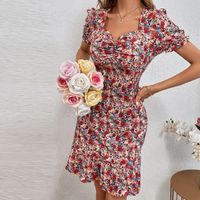 Floral Printed Women's Square Neck Short Sleeve Dress sku image 1