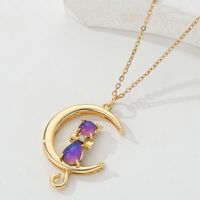 Copper Plated 18k Gold Cat Natural Zircon Pendent Necklace main image 1